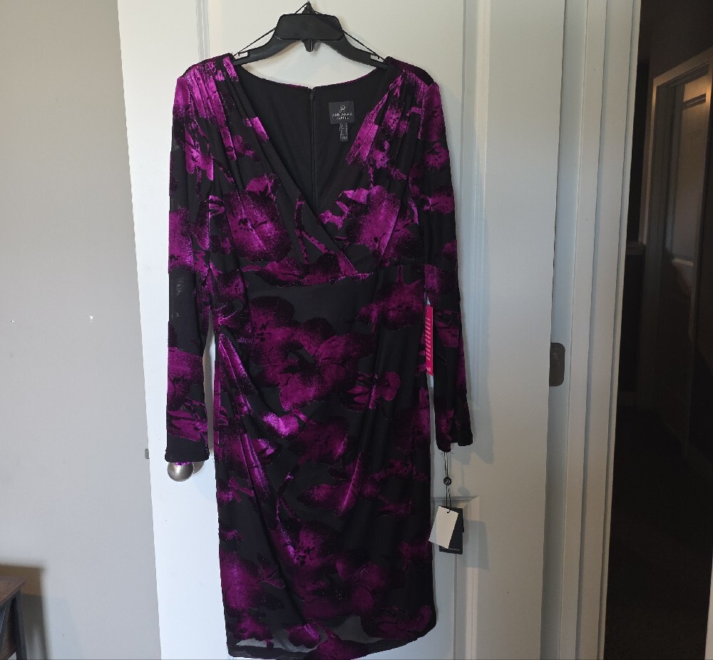 Adrianna Papell Black and Purple Floral Wrap-Style Long Sleeve Dress - Picture 3 of 13